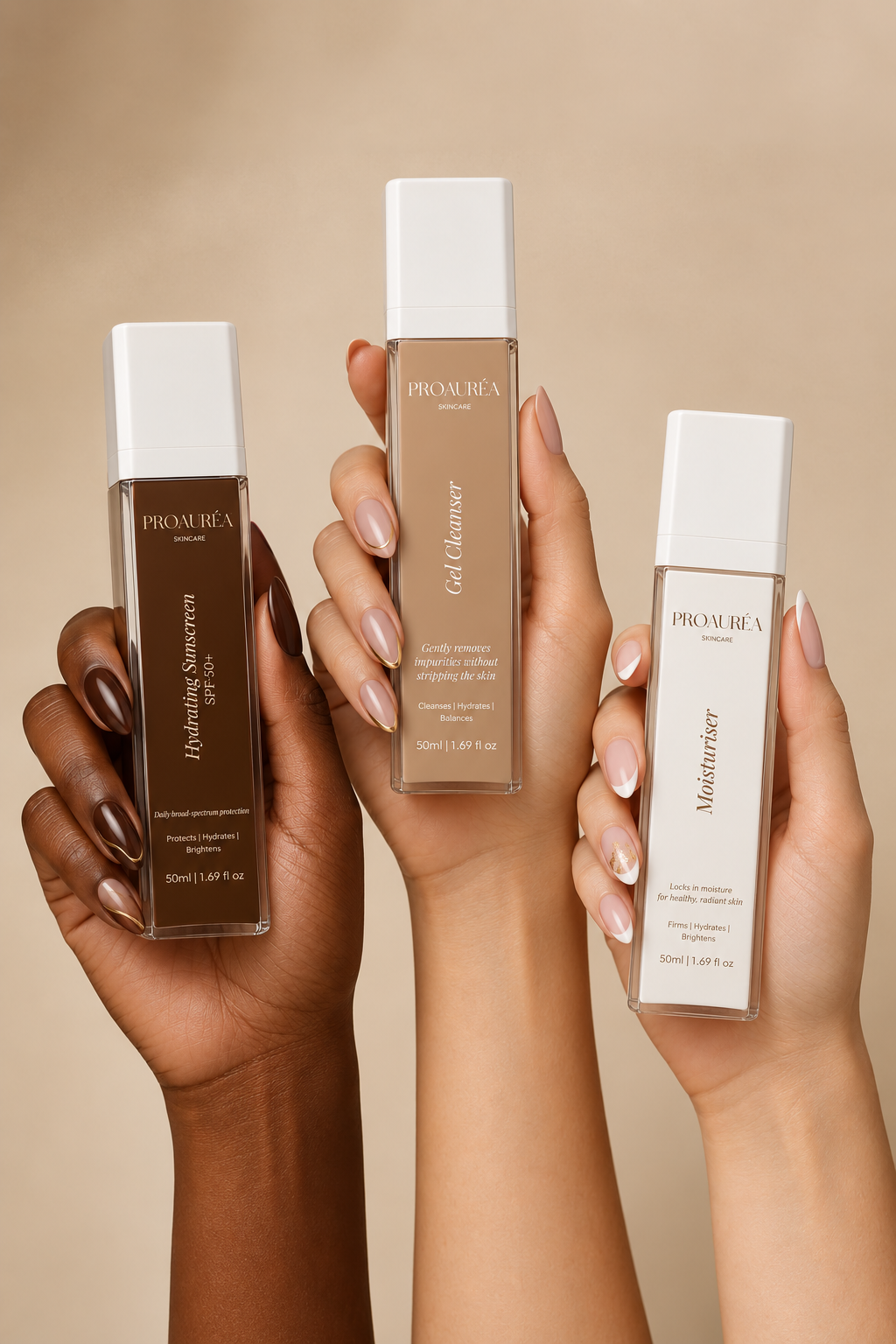 Three hands of different skin tones holding ProAuréa Hydrating Sunscreen, Gel Cleanser and Moisturiser